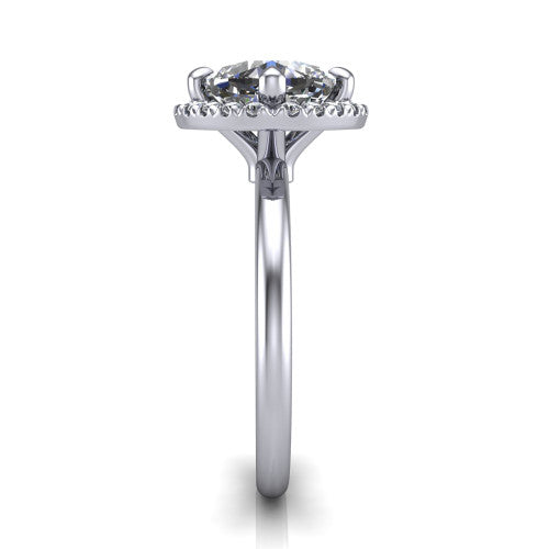 Callie cushion halo engagement ring in Platinum, side profile showing the kite halo and slim polished band in side view