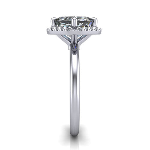 Callie square emerald-cut halo engagement ring in Platinum, side profile showing the kite halo and slim polished band in side view