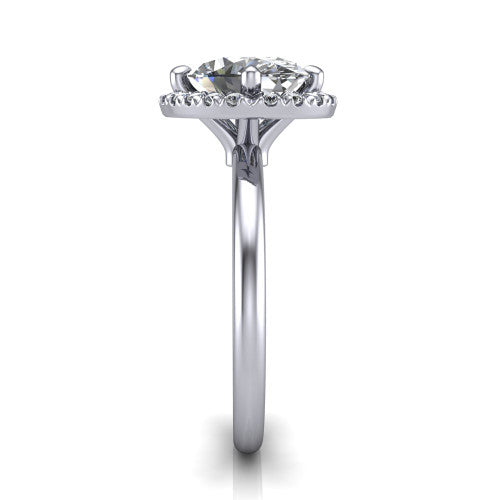 Callie oval halo engagement ring in 18K White Gold, side profile showing the kite halo and slim polished band in side view