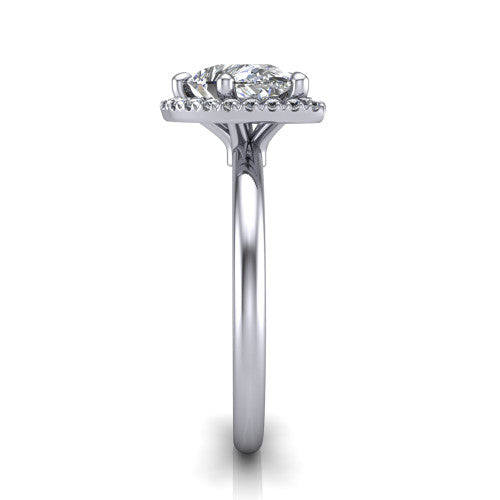 Callie pear halo engagement ring in 14K White Gold, side profile showing the kite halo and slim polished band in side view