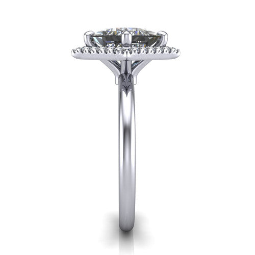 Callie princess-cut halo engagement ring in 18K White Gold, side profile showing the kite halo and slim polished band in side view