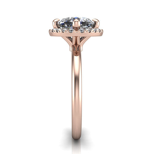 Callie cushion halo engagement ring in 18K Rose Gold, side profile showing the kite halo and slim polished band in side view