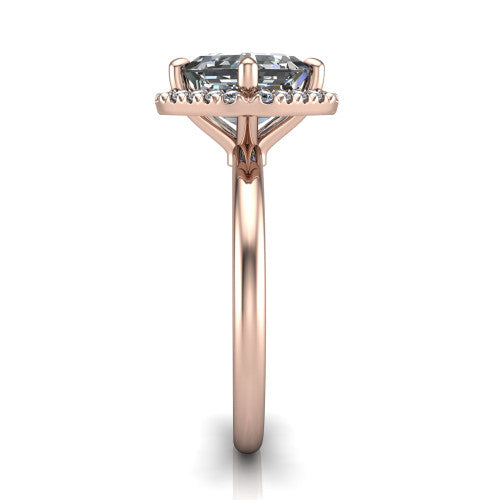 Callie square emerald-cut halo engagement ring in 18K Rose Gold, side profile showing the kite halo and slim polished band in side view