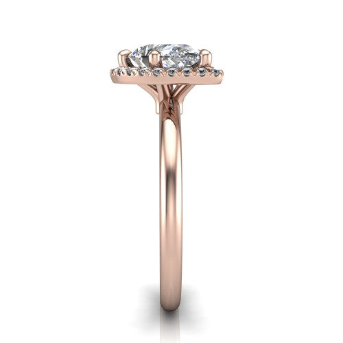 Callie pear halo engagement ring in 14K Rose Gold, side profile showing the kite halo and slim polished band in side view