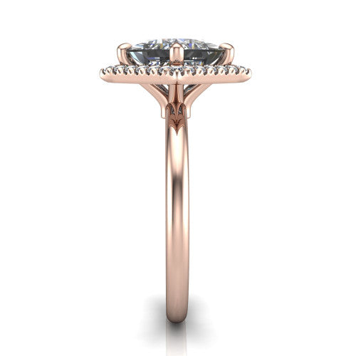 Callie princess-cut halo engagement ring in 18K Rose Gold, side profile showing the kite halo and slim polished band in side view
