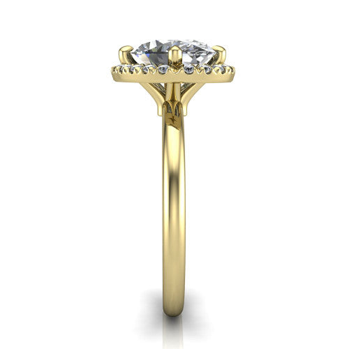 Callie oval halo engagement ring in 14K Yellow Gold, side profile showing the kite halo and slim polished band in side view