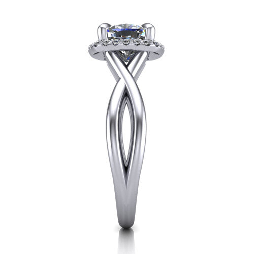 Molly cushion halo engagement ring in Platinum, side profile showing the halo and love-knot shank in side view