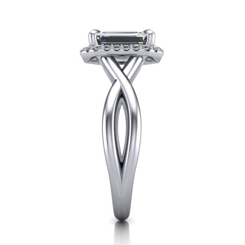 Molly emerald-cut halo engagement ring in 14K White Gold, side profile showing the halo and love-knot shank in side view