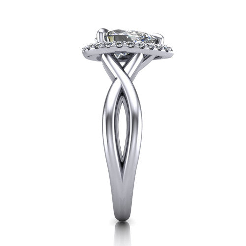 Molly pear halo engagement ring in Platinum, side profile showing the halo and love-knot shank in side view