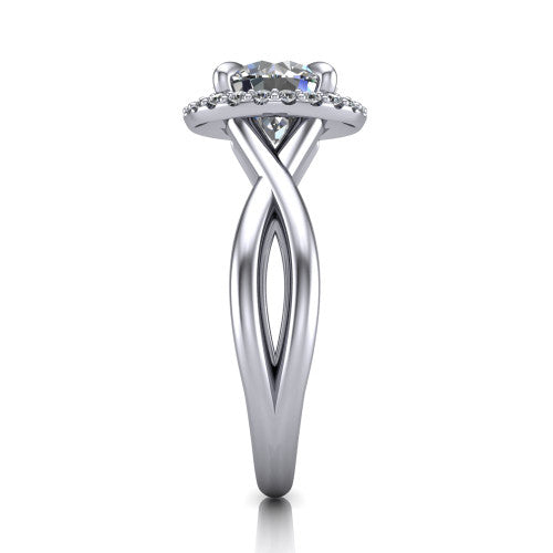 Molly round halo engagement ring in Platinum, side profile showing the halo and love-knot shank in side view