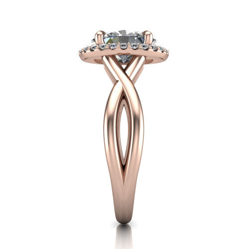 Molly oval halo engagement ring in 18K Rose Gold, side profile showing the halo and love-knot shank in side view