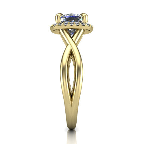 Molly cushion halo engagement ring in 18K Yellow Gold, side profile showing the halo and love-knot shank in side view