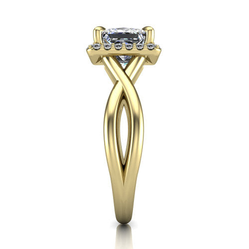 Molly princess-cut halo engagement ring in 18K Yellow Gold, side profile showing the halo and love-knot shank in side view