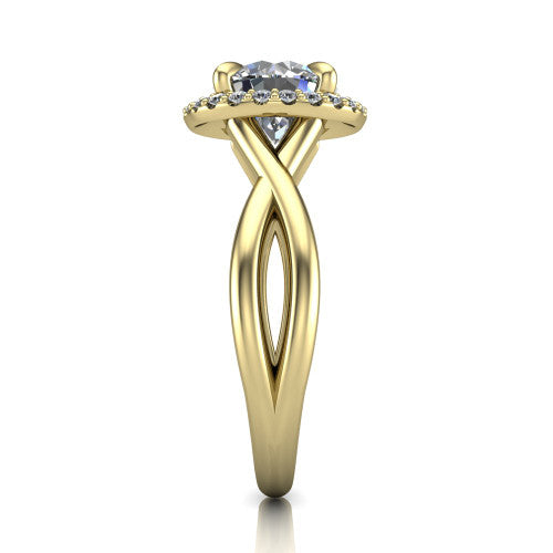 Molly round halo engagement ring in 18K Yellow Gold, side profile showing the halo and love-knot shank in side view
