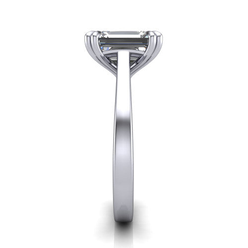 Rosalie emerald-cut classic engagement ring in 18K White Gold, side profile showing the cathedral setting and polished band in side view