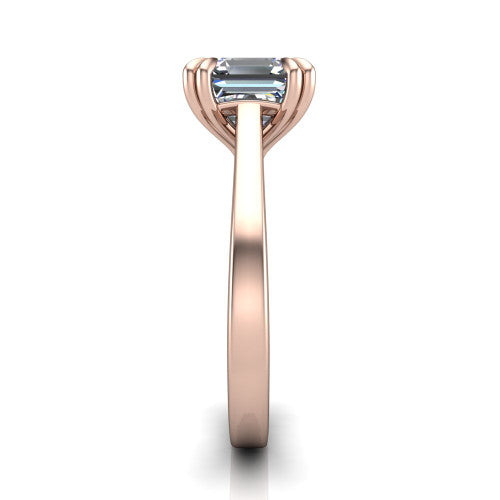 Rosalie square emerald-cut classic engagement ring in 14K Rose Gold, side profile showing the cathedral setting and polished band in side view