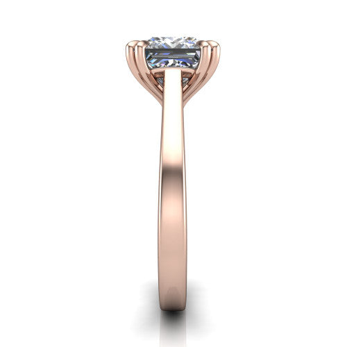 Rosalie princess-cut classic engagement ring in 18K Rose Gold, side profile showing the cathedral setting and polished band in side view