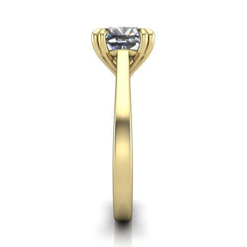 Rosalie cushion classic engagement ring in 14K Yellow Gold, side profile showing the cathedral setting and polished band in side view