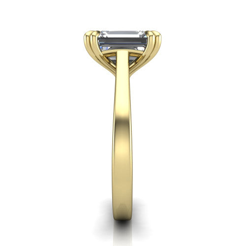 Rosalie emerald-cut classic engagement ring in 18K Yellow Gold, side profile showing the cathedral setting and polished band in side view