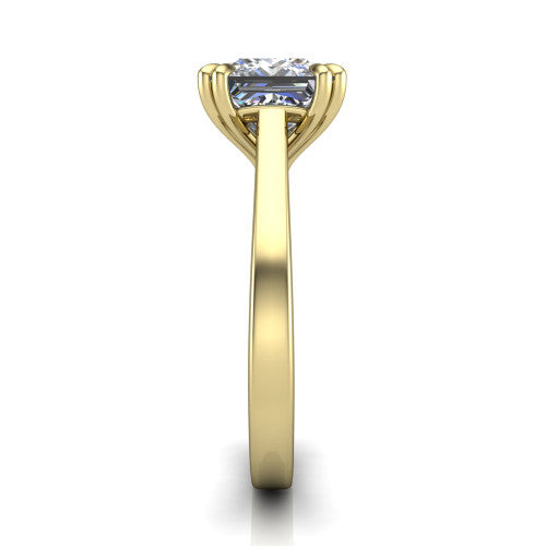Rosalie princess-cut classic engagement ring in 14K Yellow Gold, side profile showing the cathedral setting and polished band in side view
