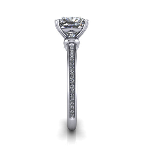Kimberly cushion classic engagement ring in Platinum, side profile showing the thin pave band and polished profile in side view