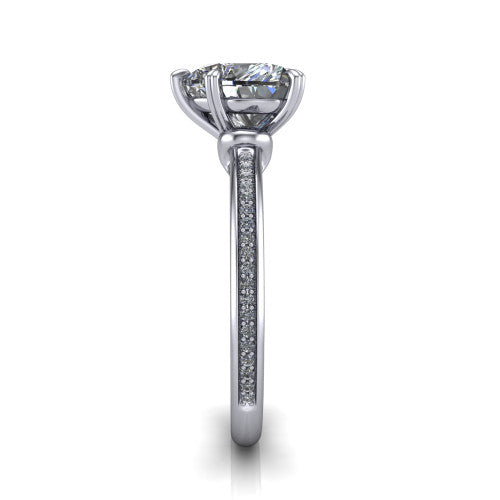 Kimberly heart classic engagement ring in 18K White Gold, side profile showing the thin pave band and polished profile in side view