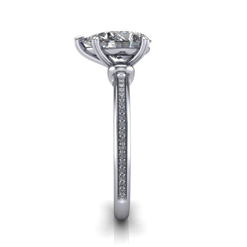 Kimberly pear classic engagement ring in 14K White Gold, side profile showing the thin pave band and polished profile in side view