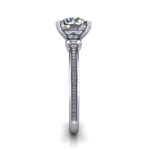 Kimberly round classic engagement ring in 14K White Gold, side profile showing the thin pave band and polished profile in side view