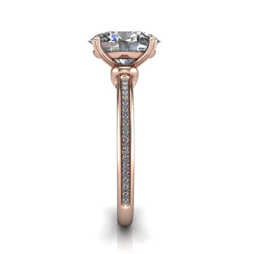 Kimberly oval classic engagement ring in 18K Rose Gold, side profile showing the thin pave band and polished profile in side view