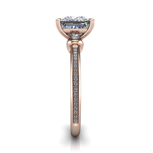 Kimberly princess-cut classic engagement ring in 14K Rose Gold, side profile showing the thin pave band and polished profile in side view