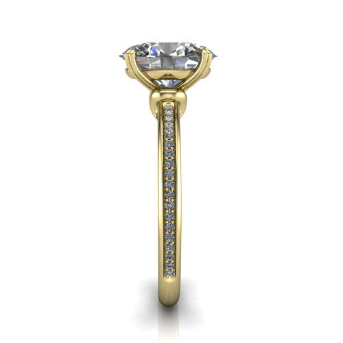 Kimberly oval classic engagement ring in 14K Yellow Gold, side profile showing the thin pave band and polished profile in side view