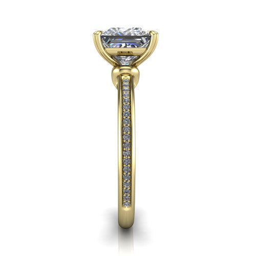 Kimberly princess-cut classic engagement ring in 18K Yellow Gold, side profile showing the thin pave band and polished profile in side view