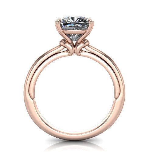 Kimberly cushion classic engagement ring in 14K Rose Gold, side profile showing the thin pave band and polished profile in side view