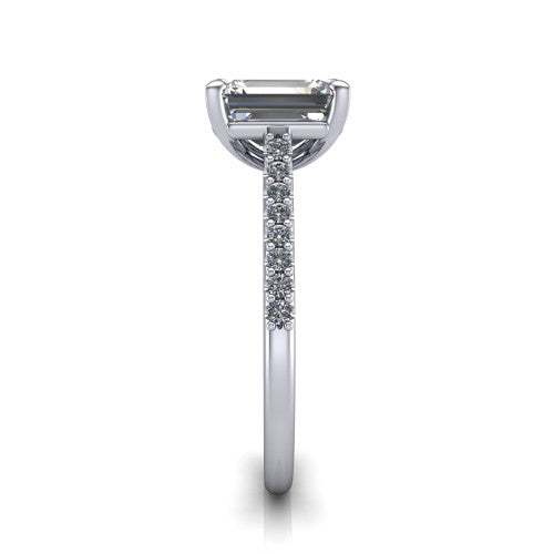 Milani emerald-cut classic engagement ring in 18K White Gold, side profile showing the pavé shoulders and bow-motif gallery