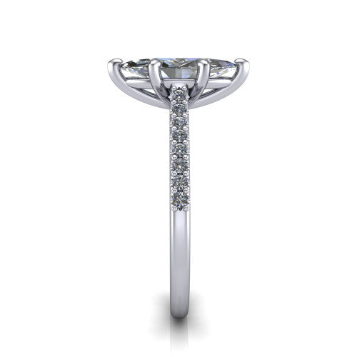 Milani marquise-cut classic engagement ring in Platinum, side profile showing the pavé shoulders and bow-motif gallery