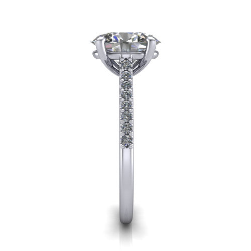 Milani oval classic engagement ring in 14K White Gold, side profile showing the pavé shoulders and bow-motif gallery