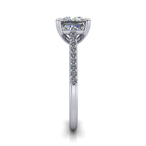 Milani princess-cut classic engagement ring in 14K White Gold, side profile showing the pavé shoulders and bow-motif gallery