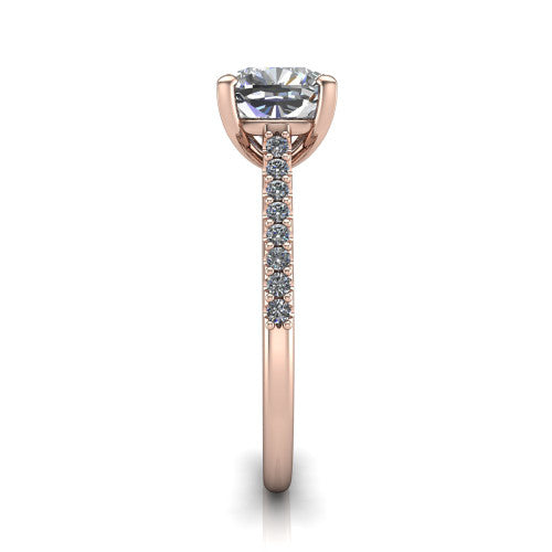 Milani cushion-cut classic engagement ring in 14K Rose Gold, side profile showing the pavé shoulders and bow-motif gallery