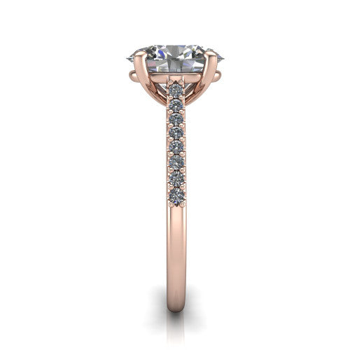 Milani oval classic engagement ring in 18K Rose Gold, side profile showing the pavé shoulders and bow-motif gallery
