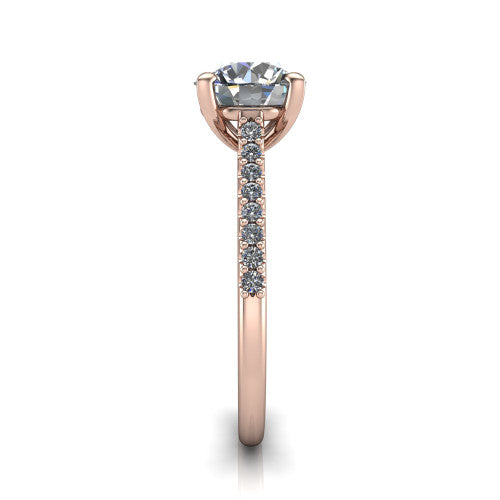 Milani round classic engagement ring in 14K Rose Gold, side profile showing the pavé shoulders and bow-motif gallery