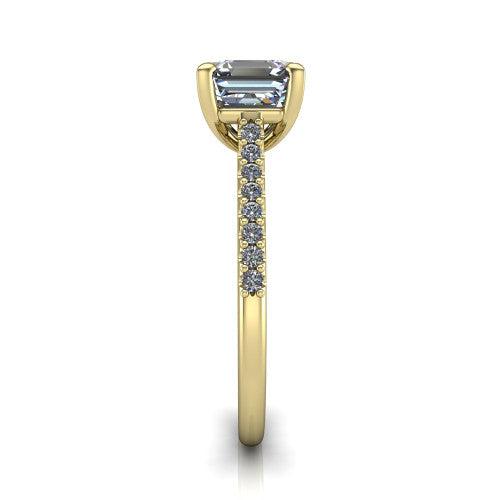 Milani square emerald-cut classic engagement ring in 14K Yellow Gold, side profile showing the pavé shoulders and bow-motif gallery