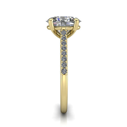 Milani oval classic engagement ring in 14K Yellow Gold, side profile showing the pavé shoulders and bow-motif gallery