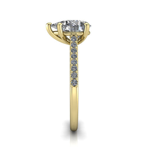 Milani pear-shaped classic engagement ring in 14K Yellow Gold, side profile showing the pavé shoulders and bow-motif gallery
