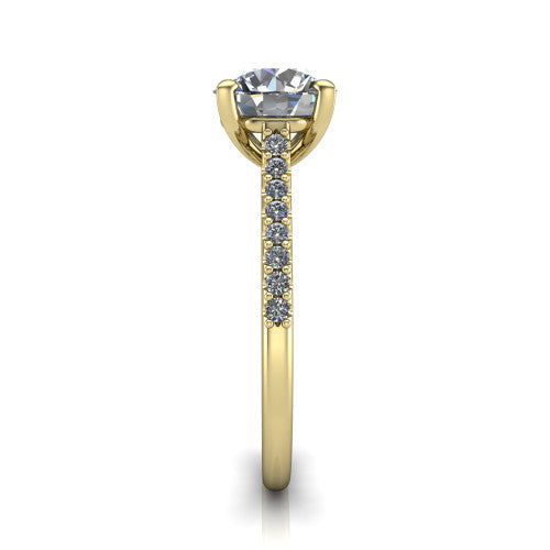 Milani round classic engagement ring in 18K Yellow Gold, side profile showing the pavé shoulders and bow-motif gallery