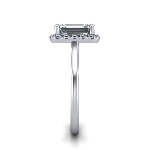 Gemma emerald-cut halo engagement ring in Platinum, side profile showing the bow gallery and thin polished band in side view
