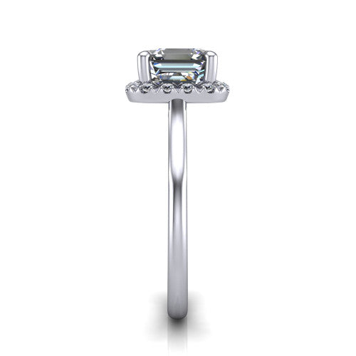 Gemma square emerald-cut halo engagement ring in 14K White Gold, side profile showing the bow gallery and thin polished band in side view