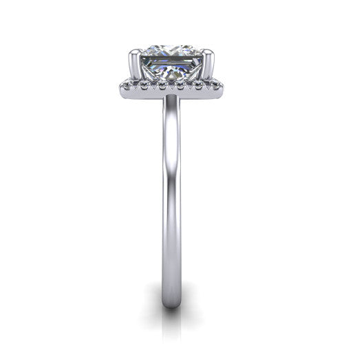 Gemma princess-cut halo engagement ring in 18K White Gold, side profile showing the bow gallery and thin polished band in side view