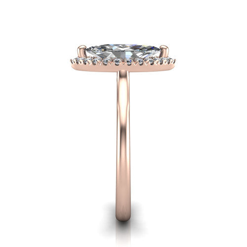 Gemma marquise halo engagement ring in 14K Rose Gold, side profile showing the bow gallery and thin polished band in side view