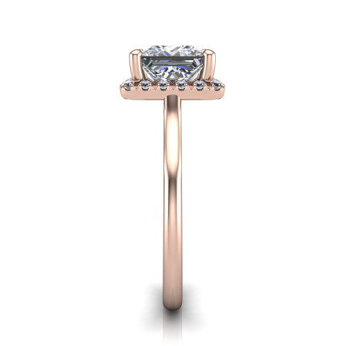 Gemma princess-cut halo engagement ring in 18K Rose Gold, side profile showing the bow gallery and thin polished band in side view