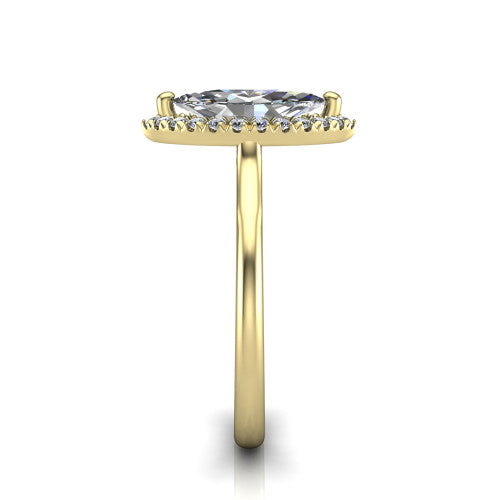 Gemma marquise halo engagement ring in 14K Yellow Gold, side profile showing the bow gallery and thin polished band in side view